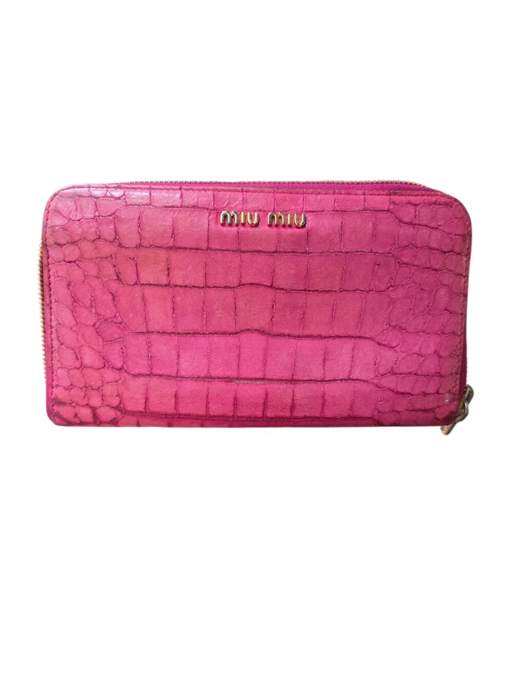 Miu Miu Fuchsia Croc-Embossed Zip Around Wallet